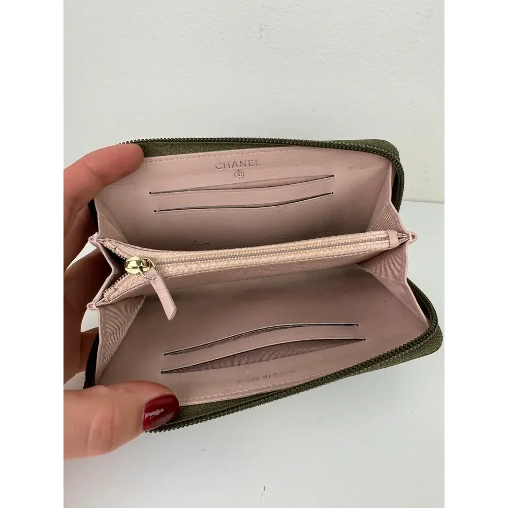 CHANEL Khaki Green Continental Wallet Leather Quilted Inner Pocket Zip Around